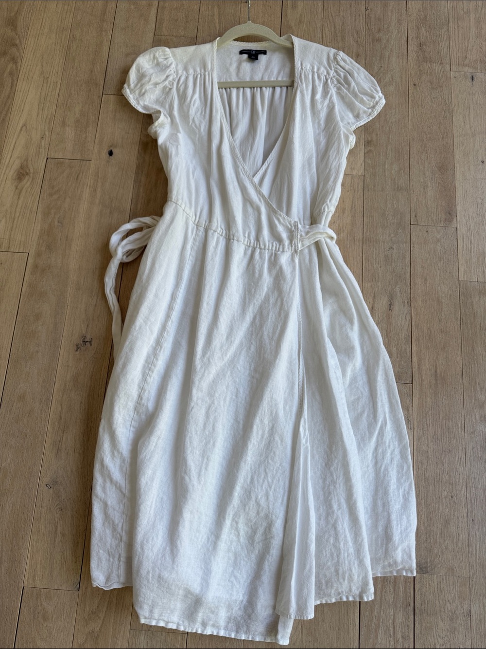 GAP White Wrap Midi Dress with Puff Cap Sleeves